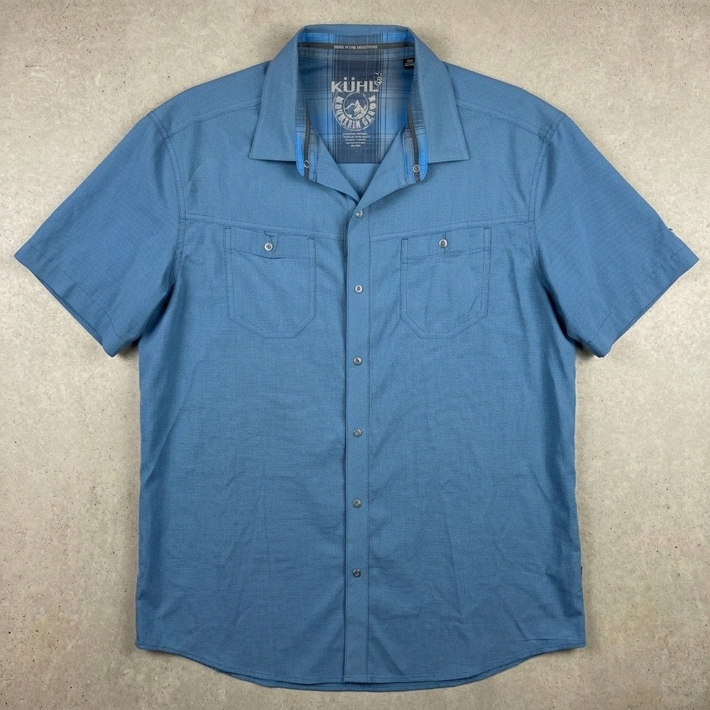 Kuhl Shirt Mens XL Blue Short Sleeve Snap Front Technical Outdoor Hiking Travel